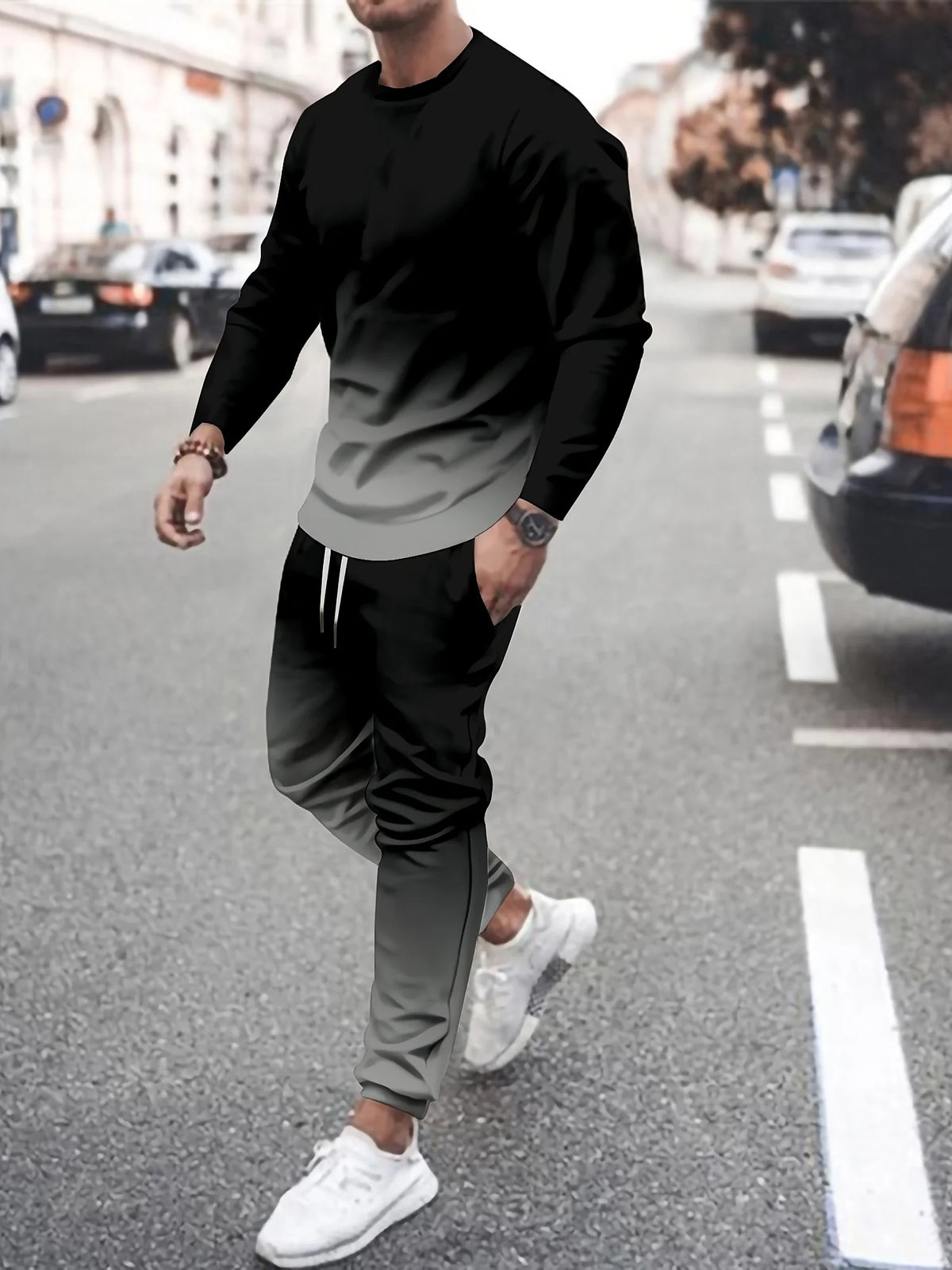 Men's Hip-Hop Rainbow/Gradient/Colorblock/Plaid Checker Print Long Sleeve T-Shirt + Pants Sportswear 2-Piece Set