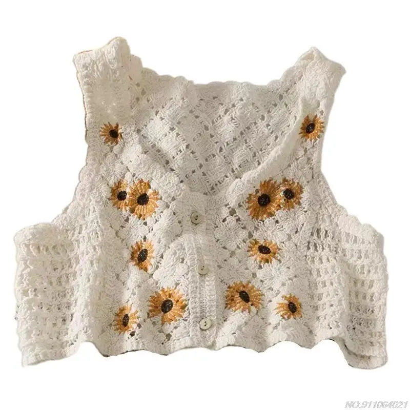 Crochet Multi-Colored Square Flower Design Knitted Square Neck Women's Sleeveless Cropped Tank Top