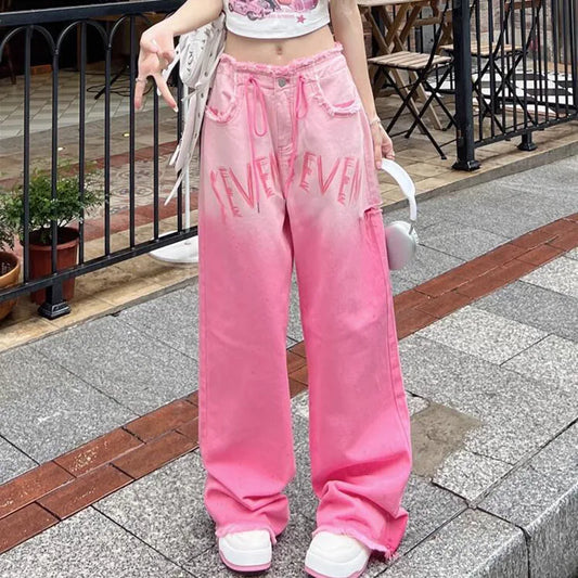 Pink Ombre Gradient Graffiti Print Cut-Out Wide Leg Women's Baggy Streetwear Jeans