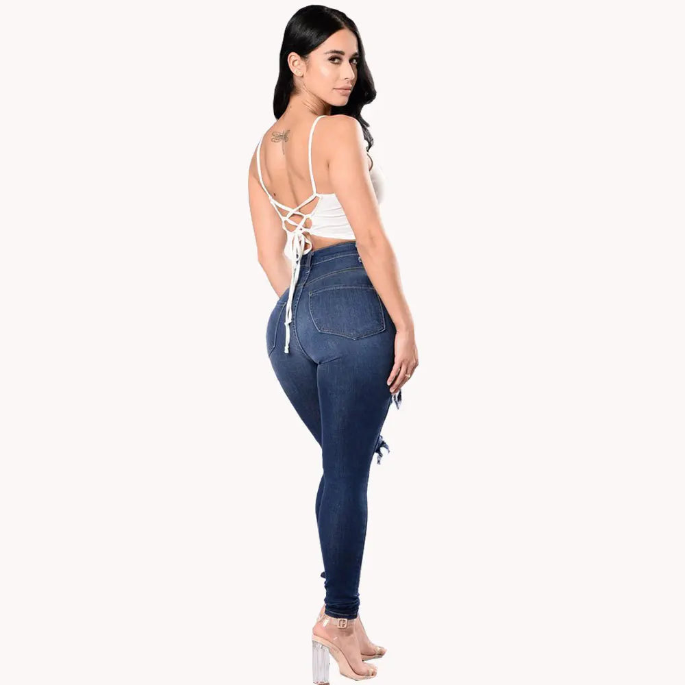 Ripped Hollow-Out Denim High Waist Stretch Skinny Pencil Women's Jeans