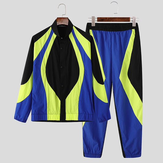 Men's Patchwork Spliced Colorblock Zipper Sports Jacket + Elastic Waist Fitness Sweatpants Tracksuit