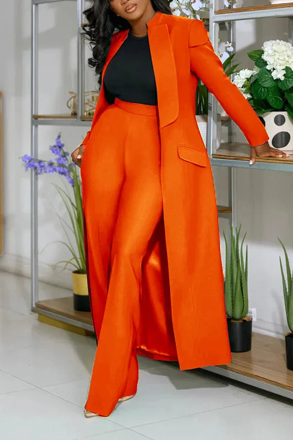 Notched Collar Solid Color Pocketed Maxi Trench Blazer + Pants Women's Office/Formal Party Suit