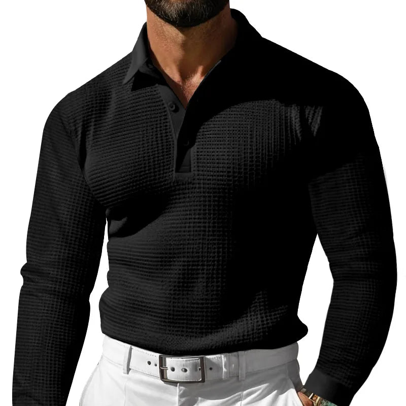 Men's Waffle Pattern Long Sleeve Turn-Down Collar Pullover Polo Shirt