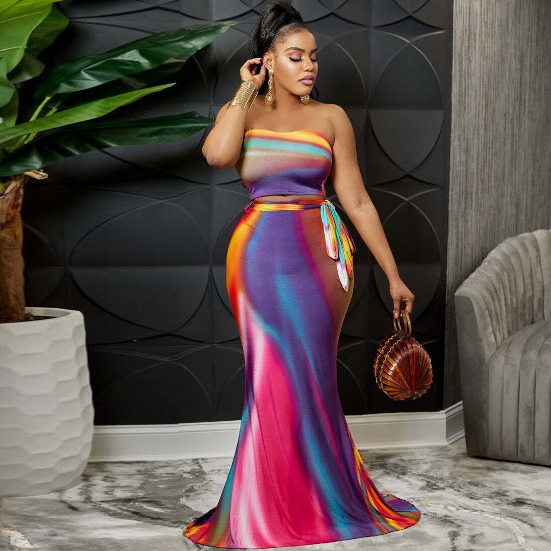 Gradient Rainbow Tube Crop Top + Pleated Maxi Skirt 2-Piece Set