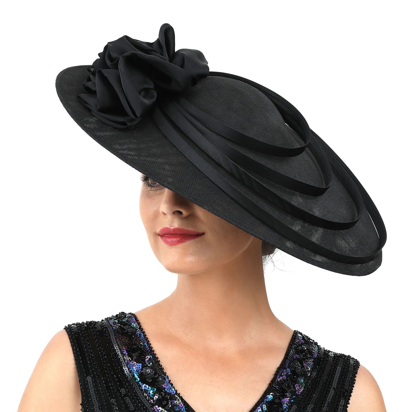 Oversized Slanted Big Floral Bow Detail Church/Kentucky Derby Fedora Hat