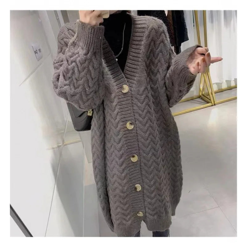 Knitted Twisted Weave Pattern Button Front Women's Maxi Cardigan Sweater