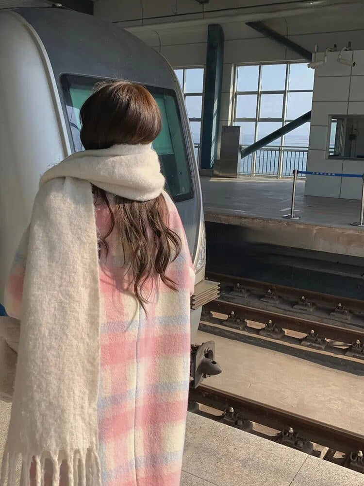 Rainbow Pastel Plaid Colorblock Print Women's Wool Loose Trenchcoat