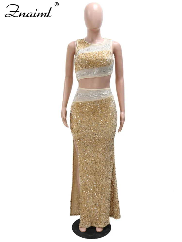 Glitter Sequined Formal Mesh Patchwork Cropped Top + Floor Length High Slit Skirt 2-Piece Dress Set