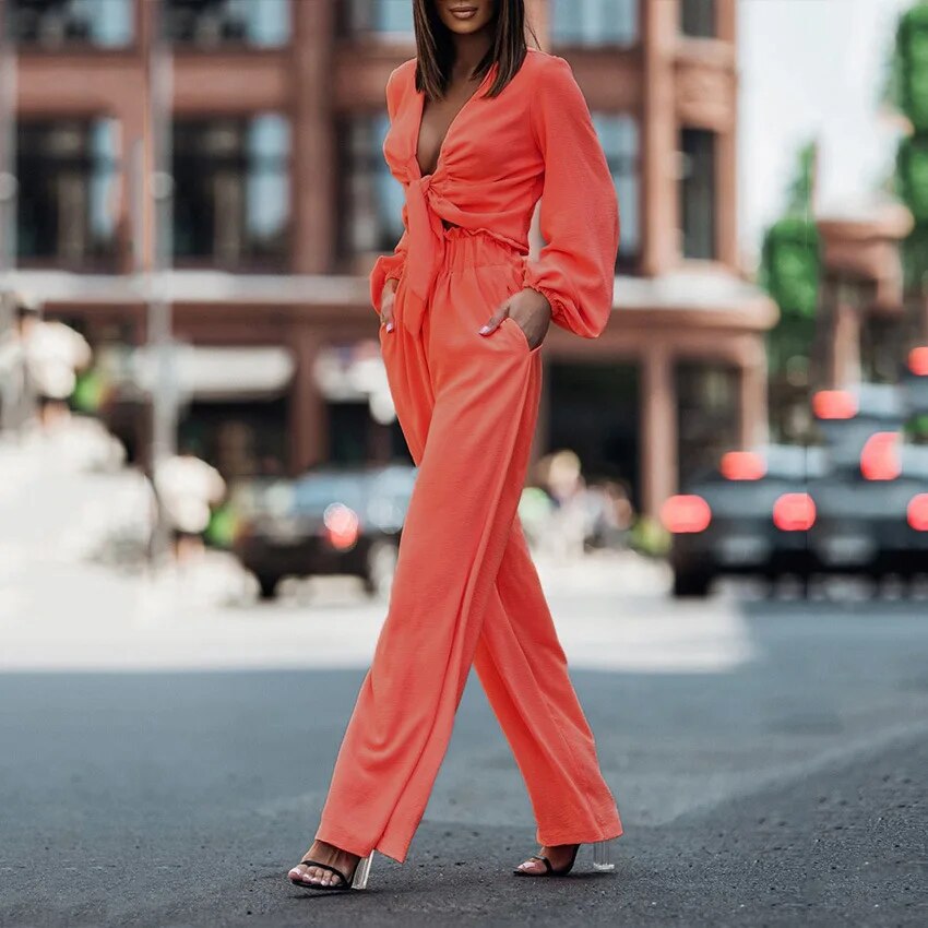 Cropped Solid Long Sleeve Blouse + Wide Leg Straight Pants 2-Piece Sets