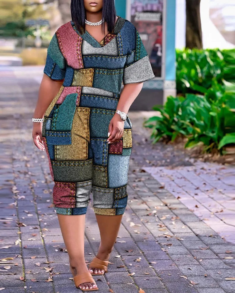 Striped/Geometric/Abstract/ Colorblock/Striped Short Sleeve Pocketed Romper to 5X Plus Size