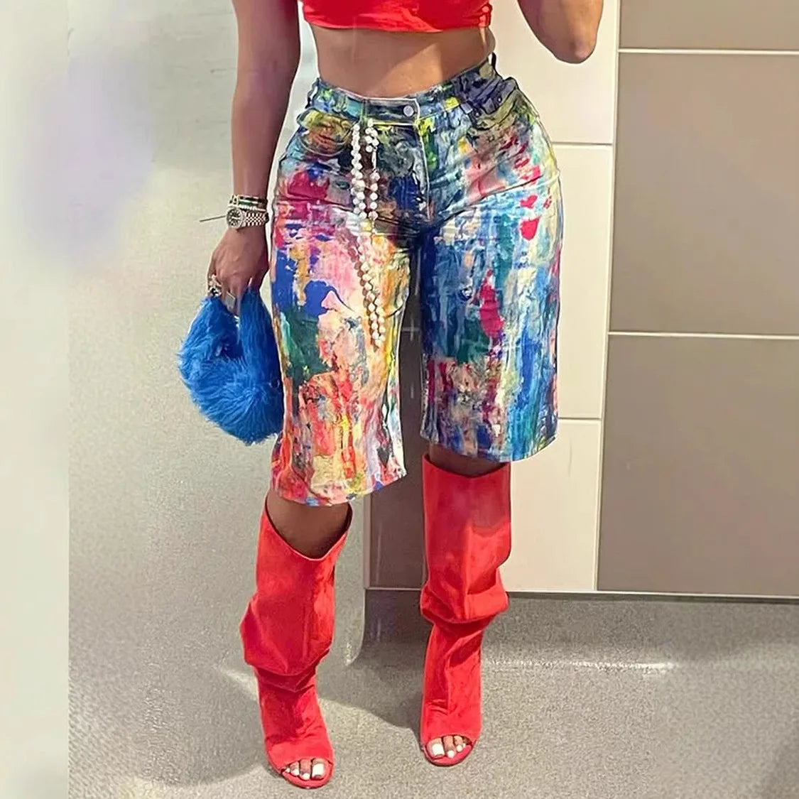 Denim Rainbow Paint Splatter Print Women's Knee-Length High Waist Distressed Washed Streetwear Jean Shorts