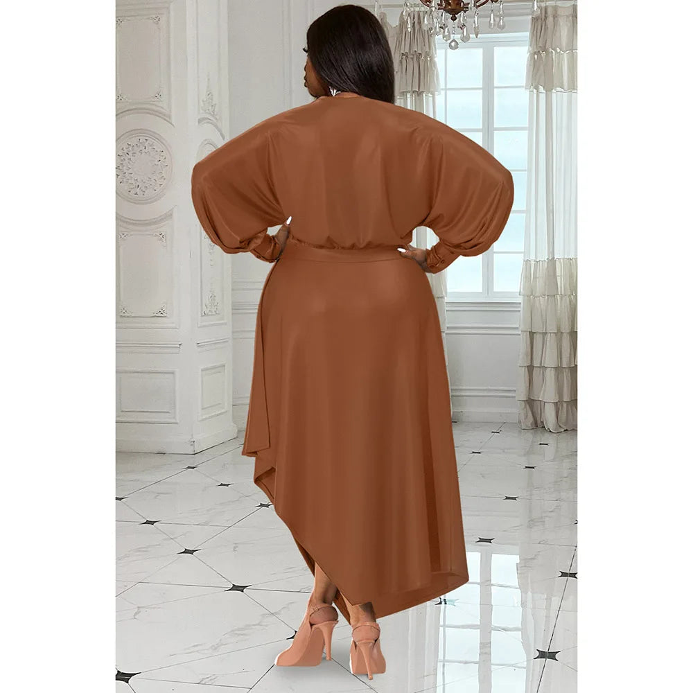 Irregular Satin Ruched Cinched Waist Long Sleeve Solid Color Maxi Dress to 4X Plus Size