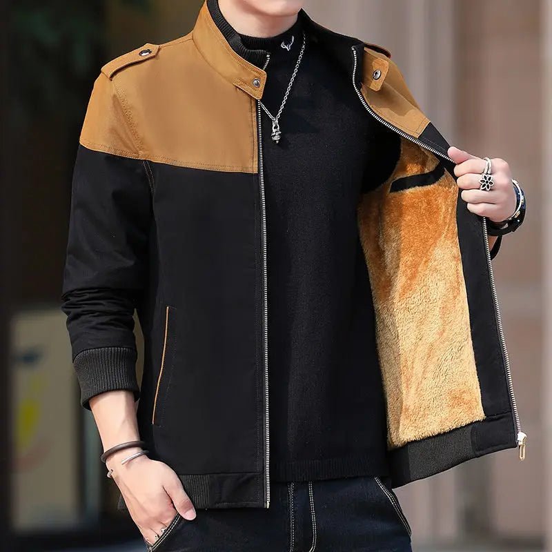 Men's Colorblock 2-Tone Velvet Lined Windbreaker Zipper Bomber Jacket