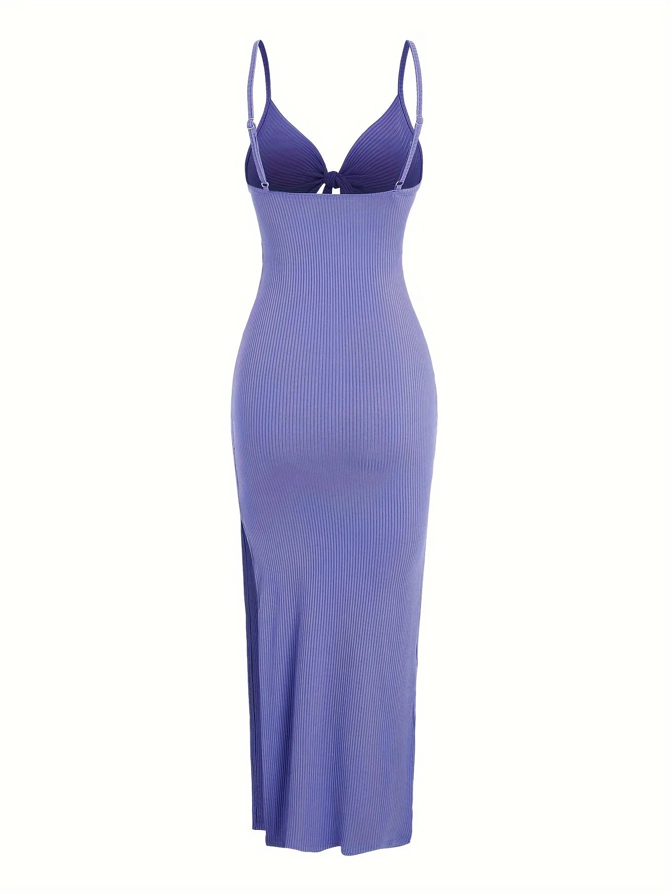 Ribbed Bowknot Design Spaghetti Strap V-Neck Knitted Sleeveless Solid Color High Slit Maxi Dress