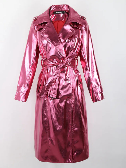 Metallic Reflective Shiny Patent Leather Sashes Double Breasted Trench Coat