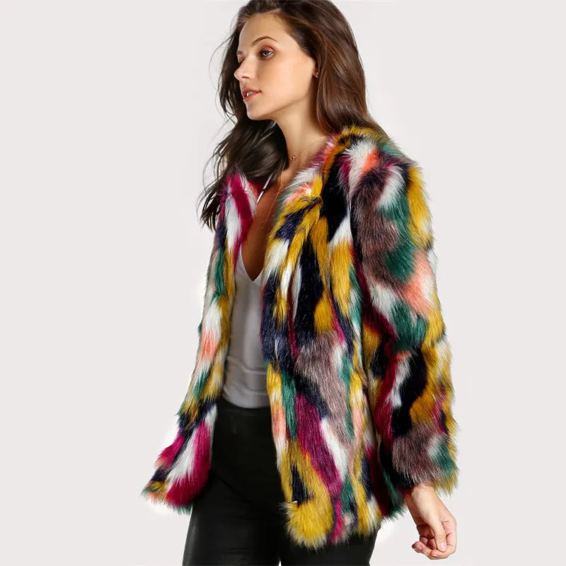 Colorblock Multi-Colored Women's Faux Fur Jacket