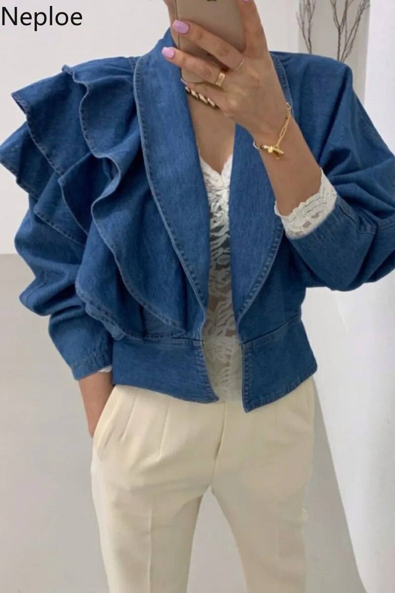 Cropped Denim Vintage Turn-Down Collar Puff Sleeve Ruffled Blazer