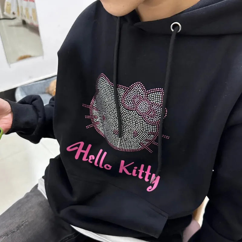 "Hello Kitty" Diamond Rhinestone Sparkling Pattern Hoodie Sweatshirt