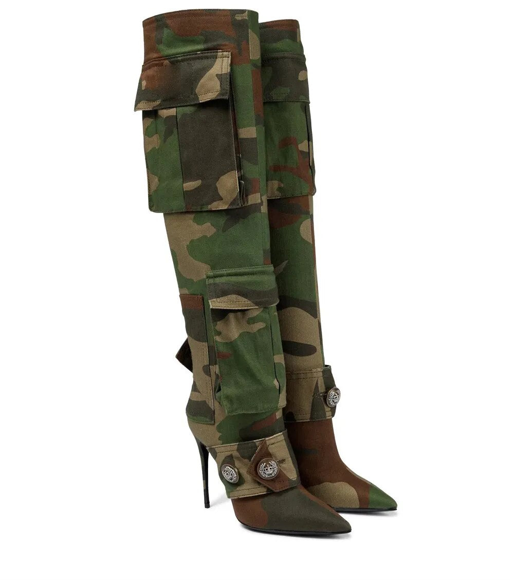 Camoflauge/Denim Over-the-Knee Pocket Pointed Toe Stiletto Boots