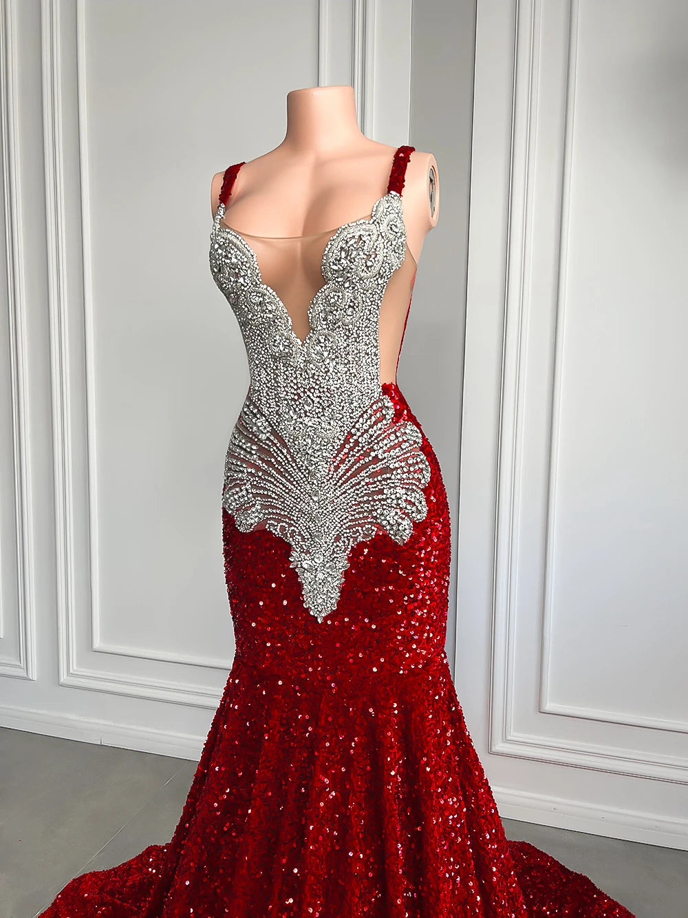 Mermaid Style Sparkling Crystal Red Prom Party Formal Dress