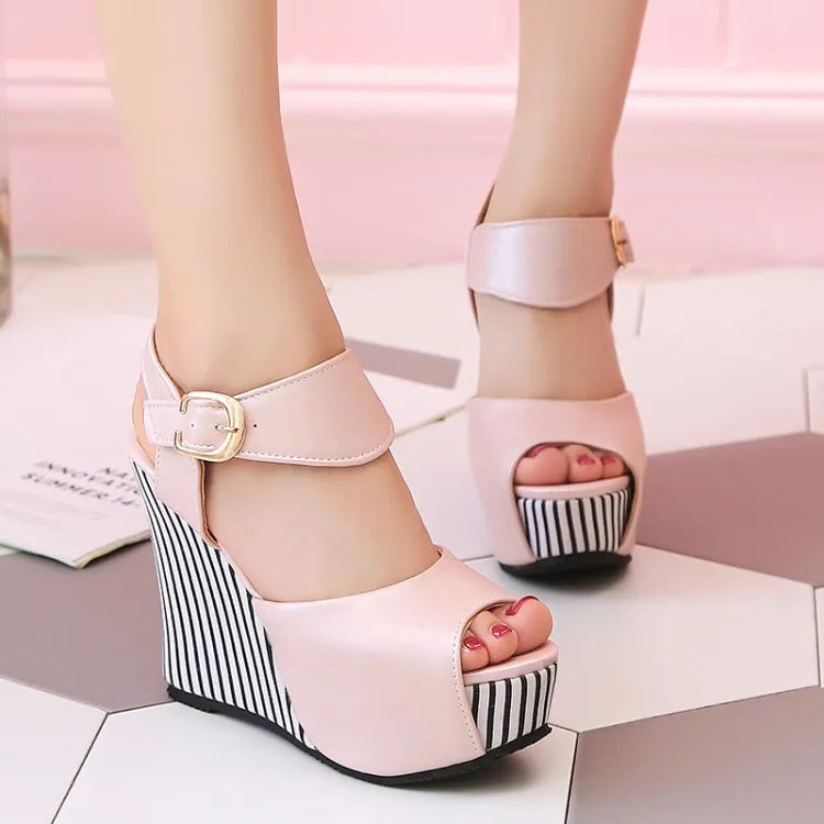 Striped Colorblock  Wedge Platform Heel Fish Mouth Slope Heel Women's Sandals