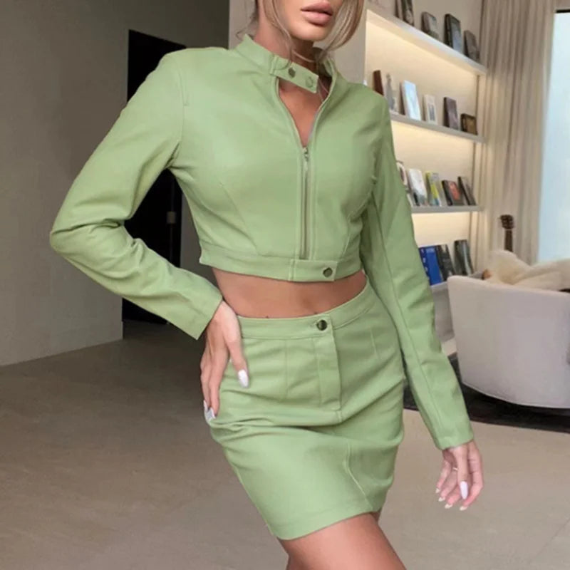 PU Leather Solid Color Women's Crop O-Neck Biker Jacket + Mini Skirt 2-Piece Set