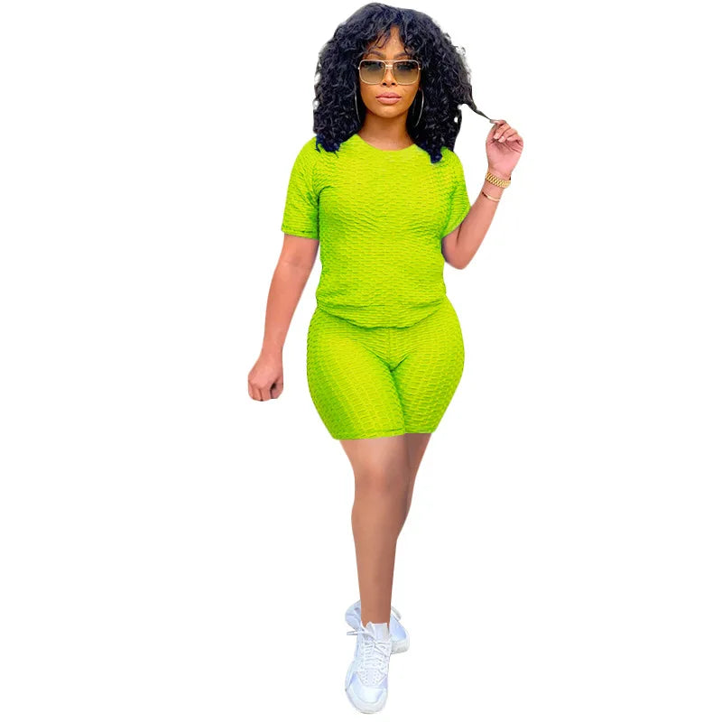 Texturized Sportswear O-Neck Solid Color Short Sleeve Women's T-Shirt + Shorts 2-Piece Fitness Workout Set