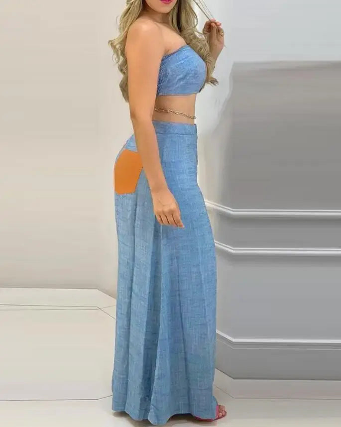 Faux Denim/Orange  Colorblock Bandeau Sleeveless Shirring Crop Top + Wide Leg Pants 2-Piece Set