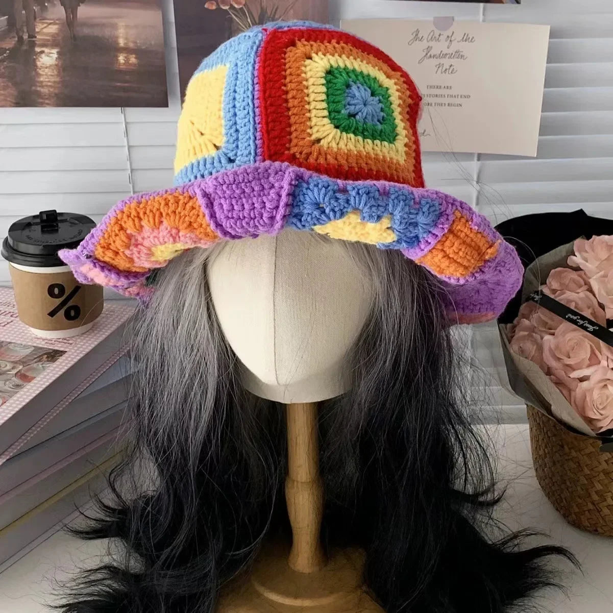 Handmade Knitted Crochet Large Brim Patchwork Flower Design Yarn Hook Needle Fisherman's Bucket Hat