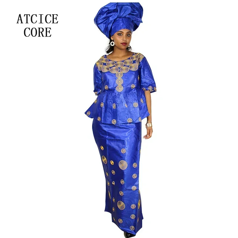 African Bazin Embroidered Design Women's Ruffled 2-Piece Maxi Skirt Suit w/ Head Wrap