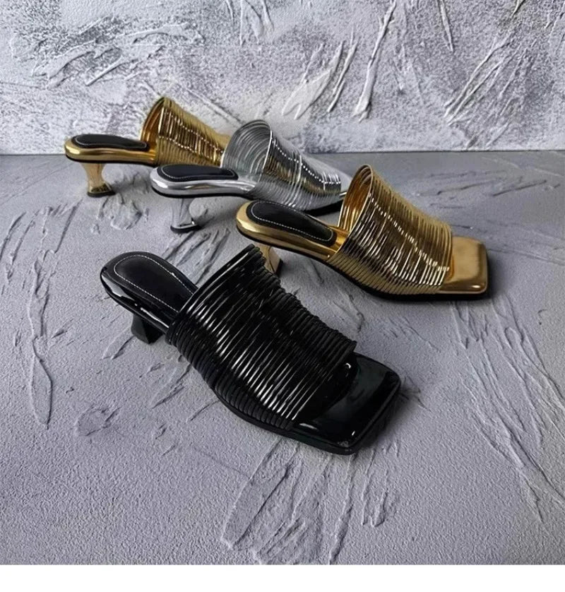 Metallic Square Toe Women's Solid Color Low Heel Sandals