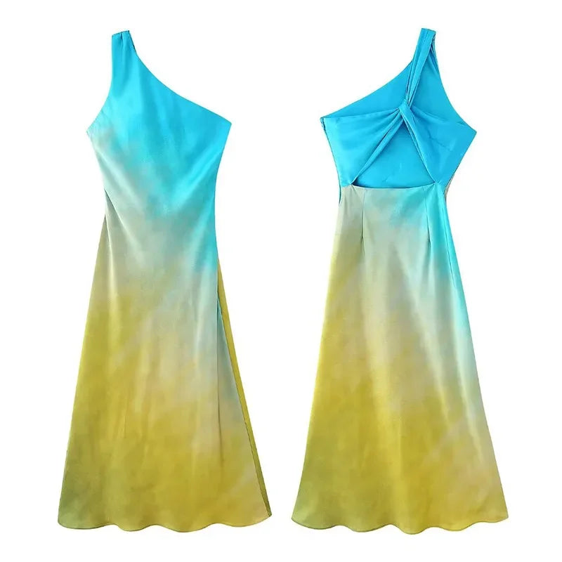 Gradient Long Dress Women Elegant One Shoulder Sleeveless Party Dress Female 2024 Summer Backless Tie-dye Lady Mermaid Robe