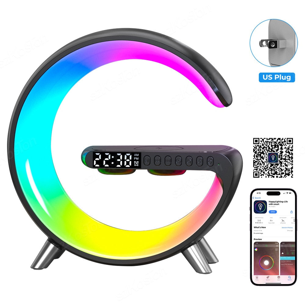 Smart APP LED RGB Night Light Atmosphere Desk Lamp Alarm Clock Speaker Wireless Charger