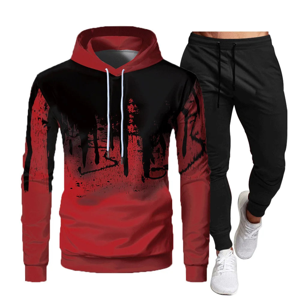 Men's Pullover Inkjet Gradient Print Drawstring Hoodie Sweatshirt + Jogger Sweatpants Tracksuit