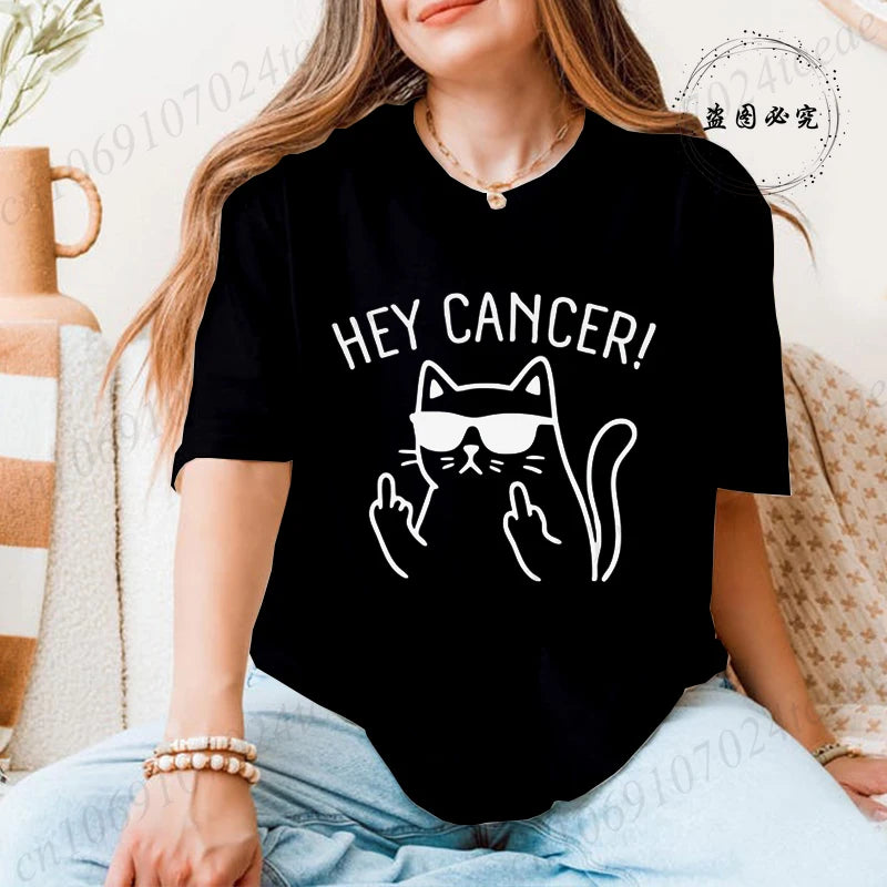 "Hey Cancer" 3D Cat Print Breast Cancer Awareness T-Shirt to 3X Plus Size
