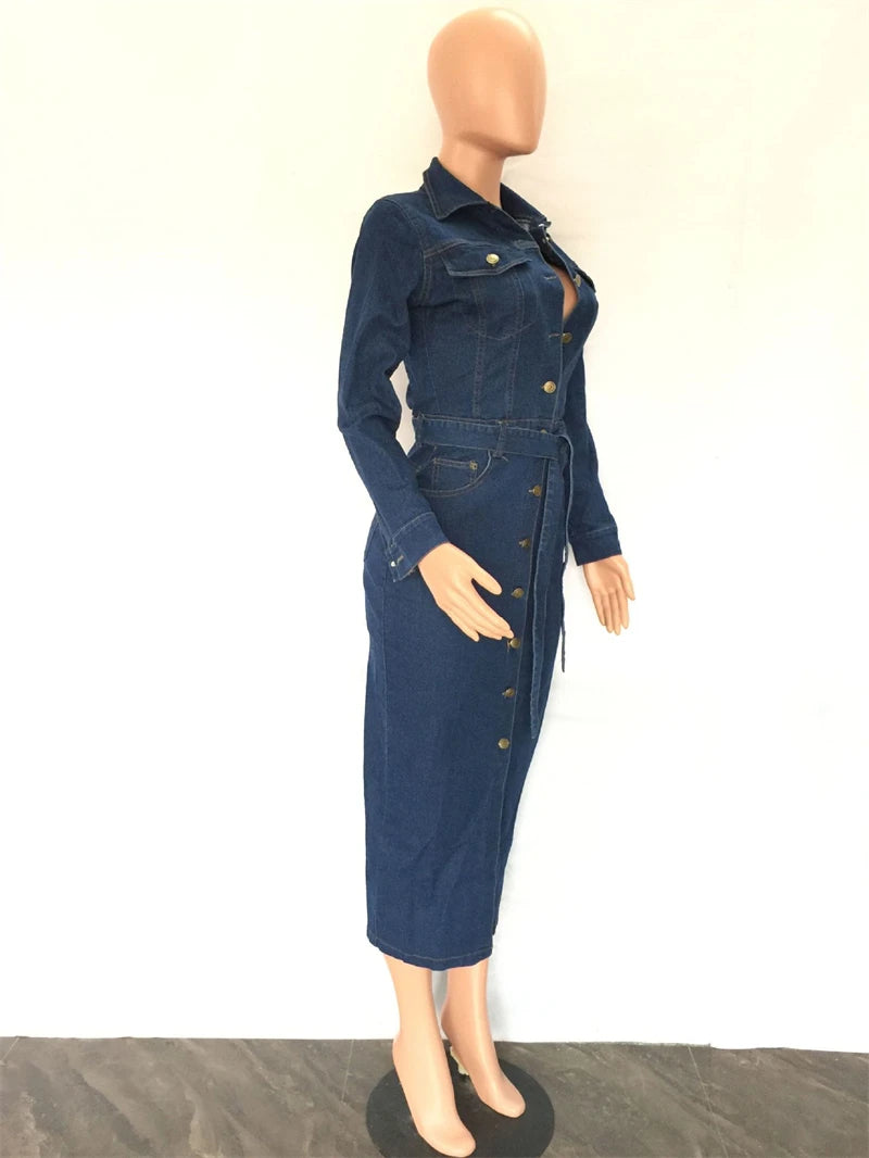 Vintage Denim Long Sleeve Button Up Bodycon Midi Jean Dress