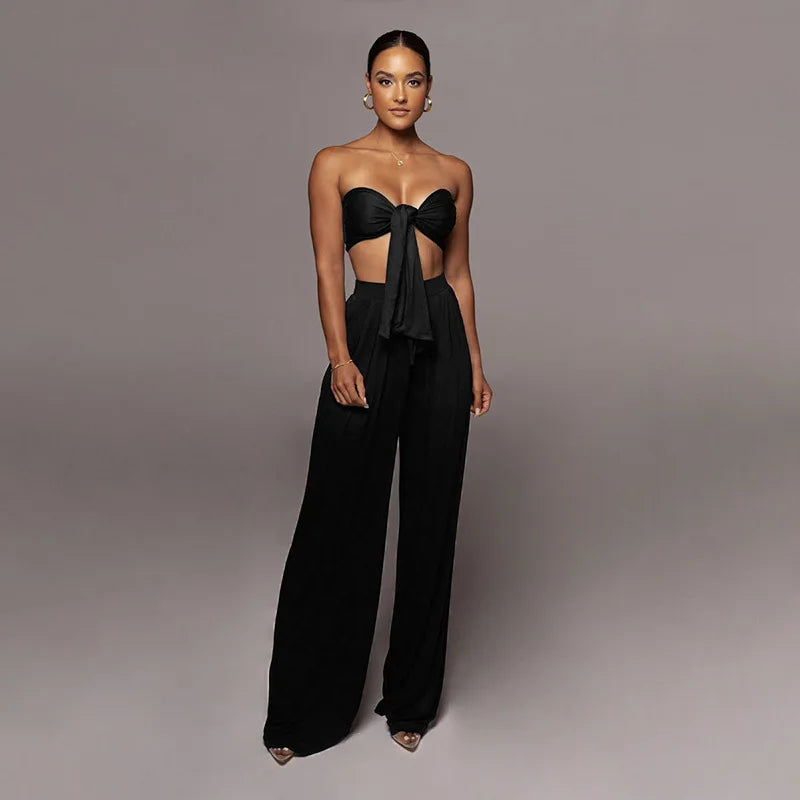 Sleeveless Bowknot Design Tube Top+ Wide Leg Pants Women's Solid Color 2-Piece Set