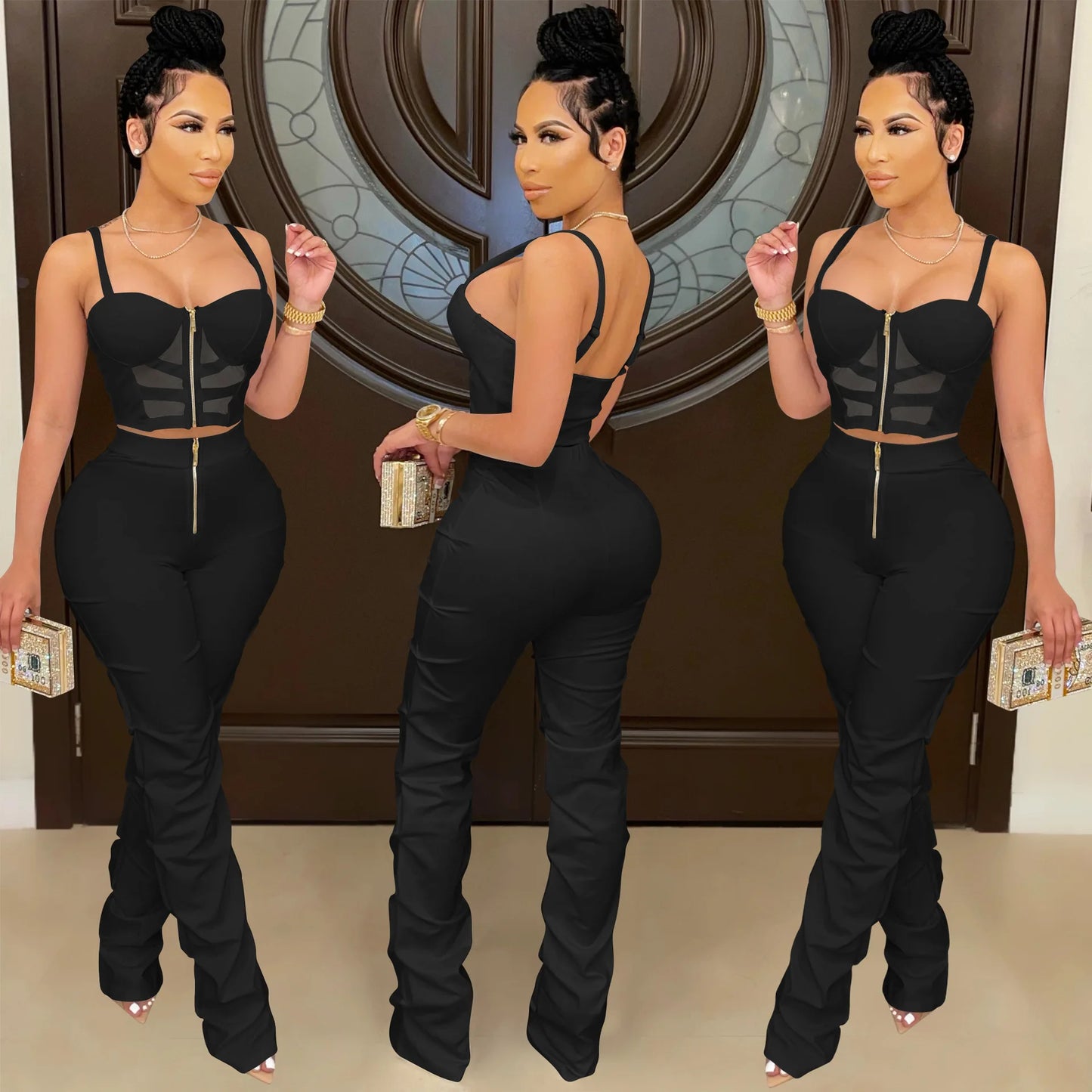 Corset Top Hollow-Out Zipper Front Cropped Tank Top + Stacked Zipper Front Pants Women's 2-Piece Set