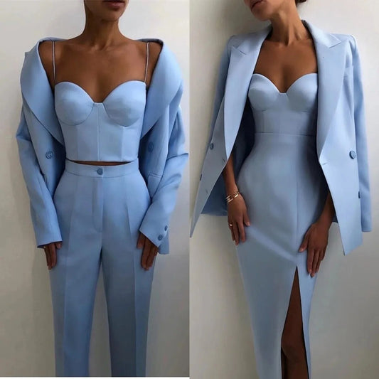 Peaked Formal Lapel Double Breasted Blazer, Matching Corset & Pants Women's Suit to 4X Plus