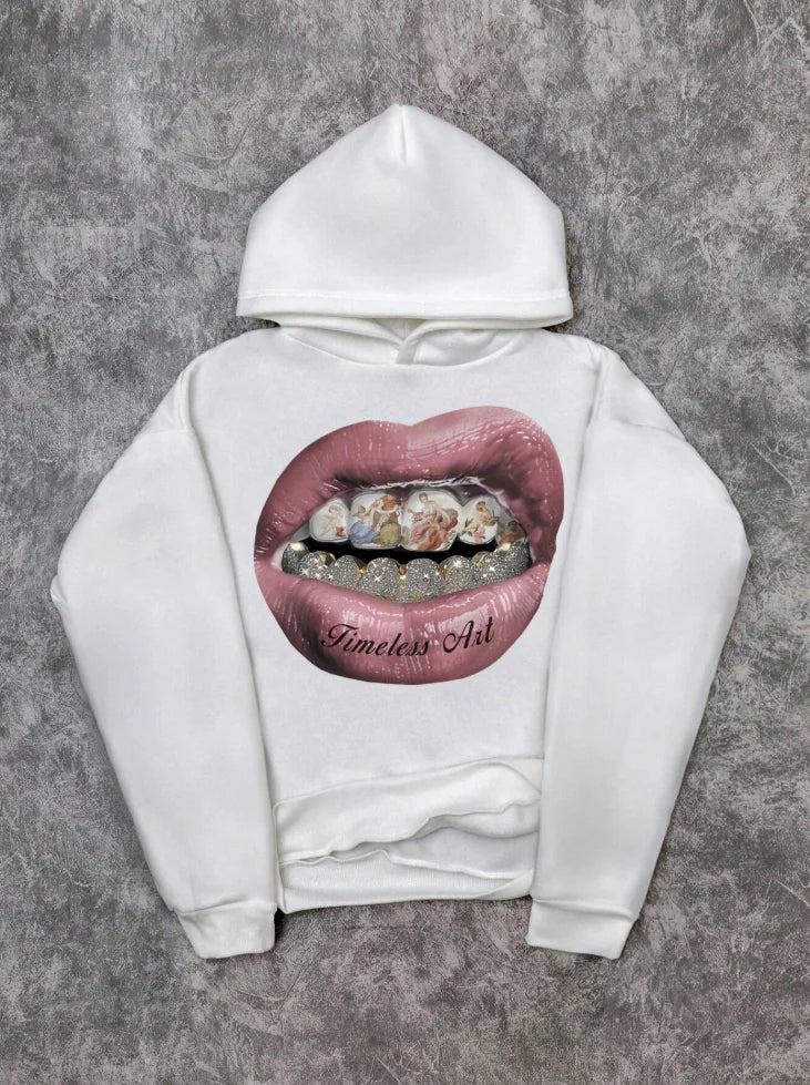 Men's Pink Lip Print Long Sleeve Hip-Hop Hoodie Sweatshirt