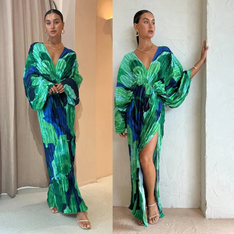 Pleated Green/Blue Geometric Colorblock Long Sleeve Deep V-Neck Corset Print Evening Formal Loose Maxi Dress