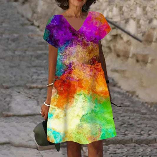 Abstract V-Neck Tie-Dye Rainbow Gradient Colorblock Splash Ink Paint Print A-Line Midi Dress to 6X