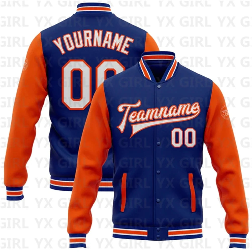 Customized Unisex 3D Letter Print/Team Name Personalized Royal White/Black/Gray Full-Snap Letterman's 2-Tone Baseball Button-Up Varsity Bomber Jacket