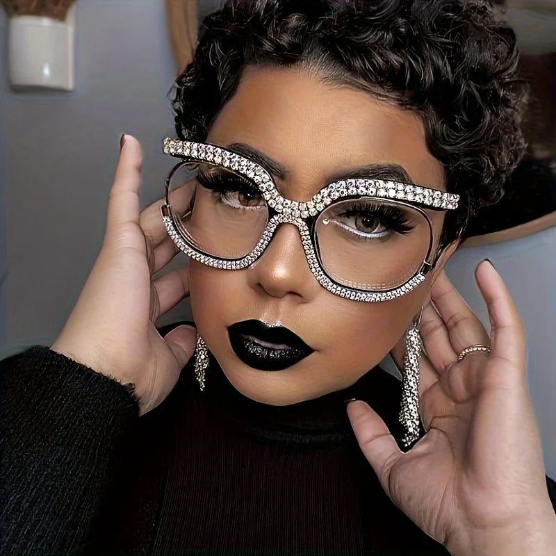 Rhinestone Crystal Decor Round Oversized Reading Eyeglasses