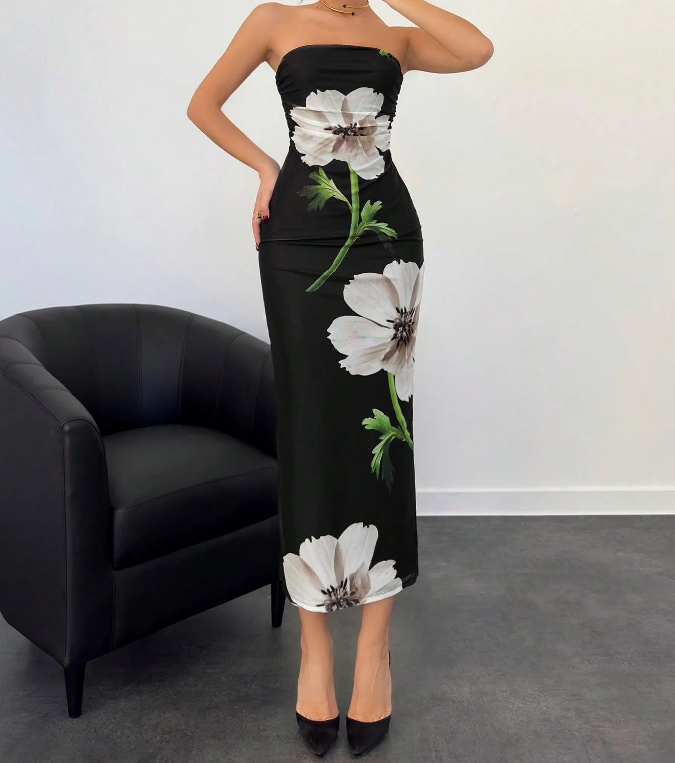 Sleeveless Big Flower Print Bodycon Skinny Maxi Tube Dress