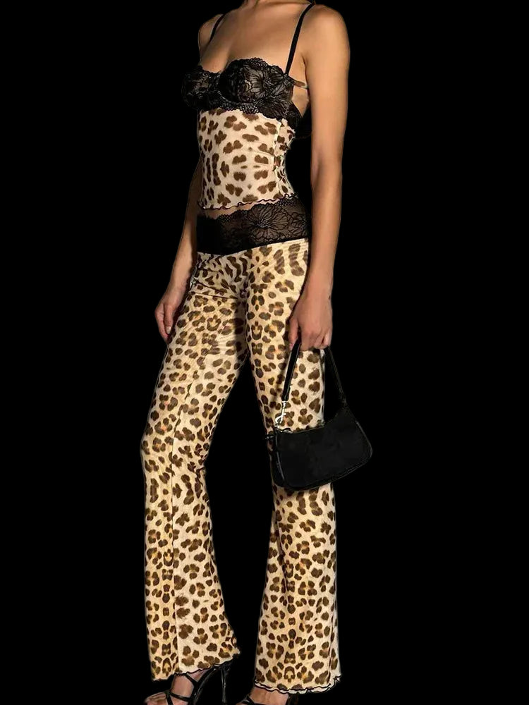 Tiered Leopard/Colorblock Lace Tank Top + Skinny Pants Women's 2-Piece Set