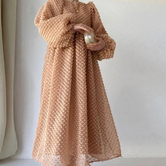 Solid Round Neck Lantern Long Sleeve Big Swing  A-Line Dress