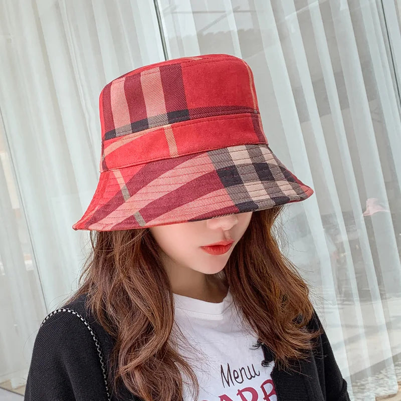 British Women's Suede Plaid Folding Designer Replica Bucket Hat