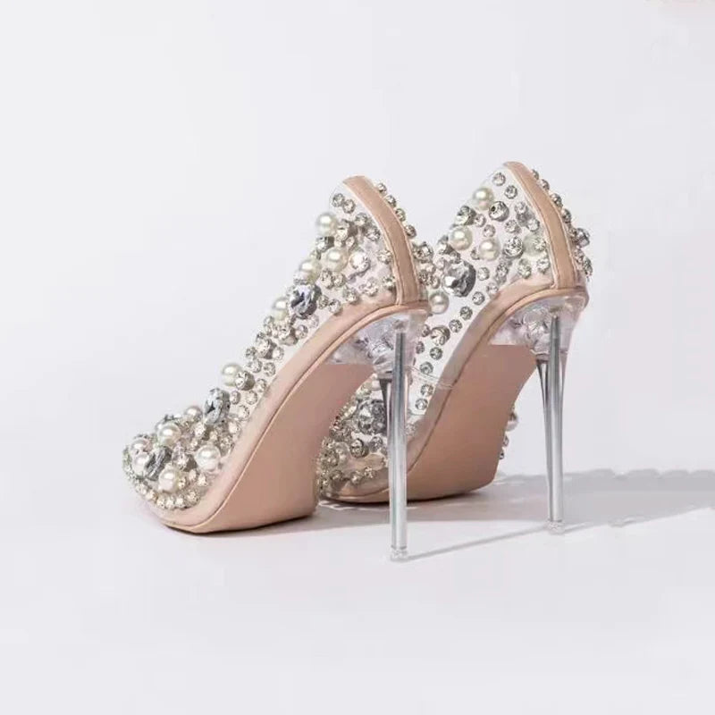 Embellished Rhinestone Diamond Pearl PVC Transparent Metallic Stiletto Heel Pointed Toe Pumps