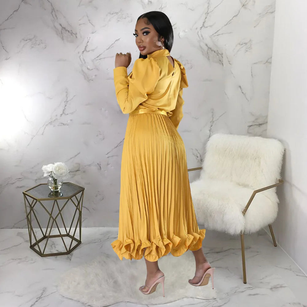 Women’s Solid Color O-Neck Lantern Sleeve Blouse + A-Line Flounce Formal Pleated Maxi Skirt w/ Sash Belt 2-Piece Set